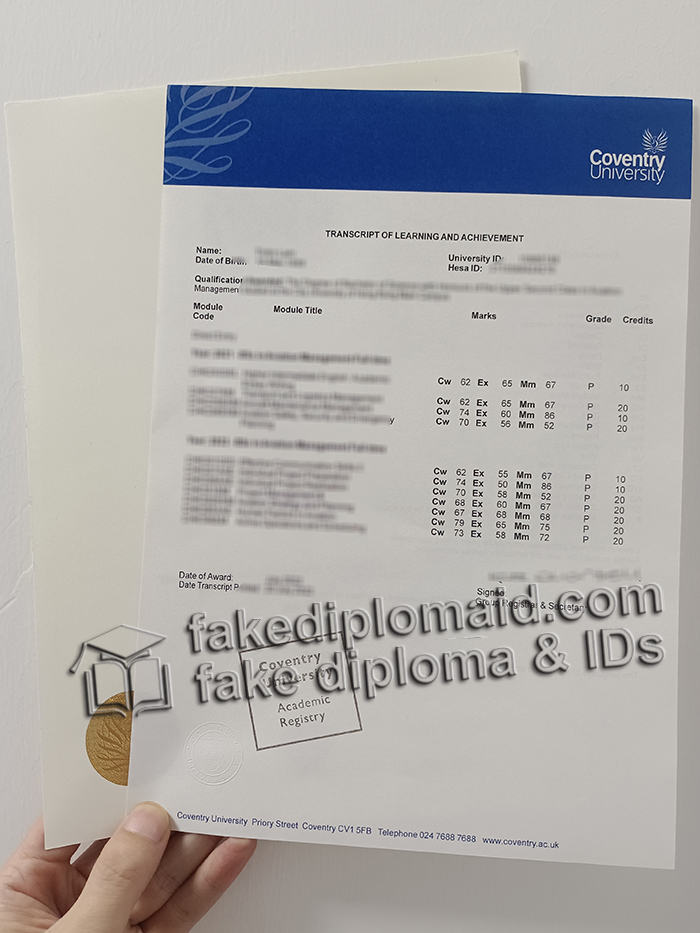 Coventry University transcript and diploma