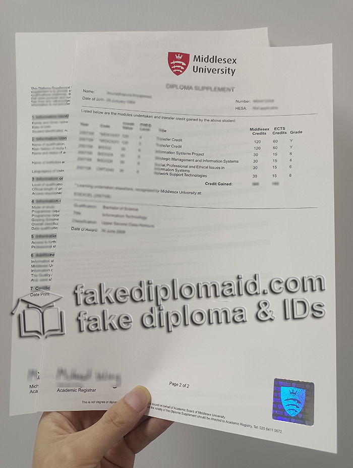 Middlesex University transcript