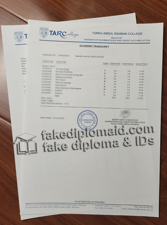 Tunku Abdul Rahman College transcript, TARC transcript
