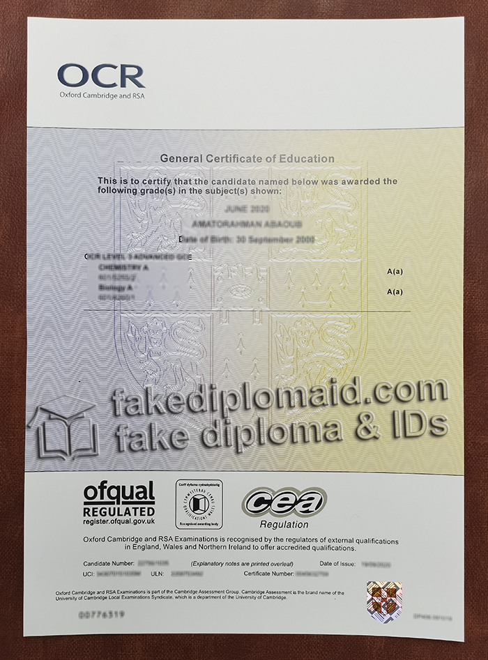 Oxford Cambridge and RSA certificate, OCR certificate