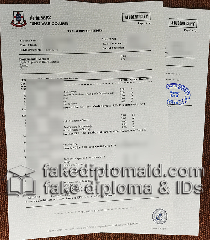 Tung Wah College transcript