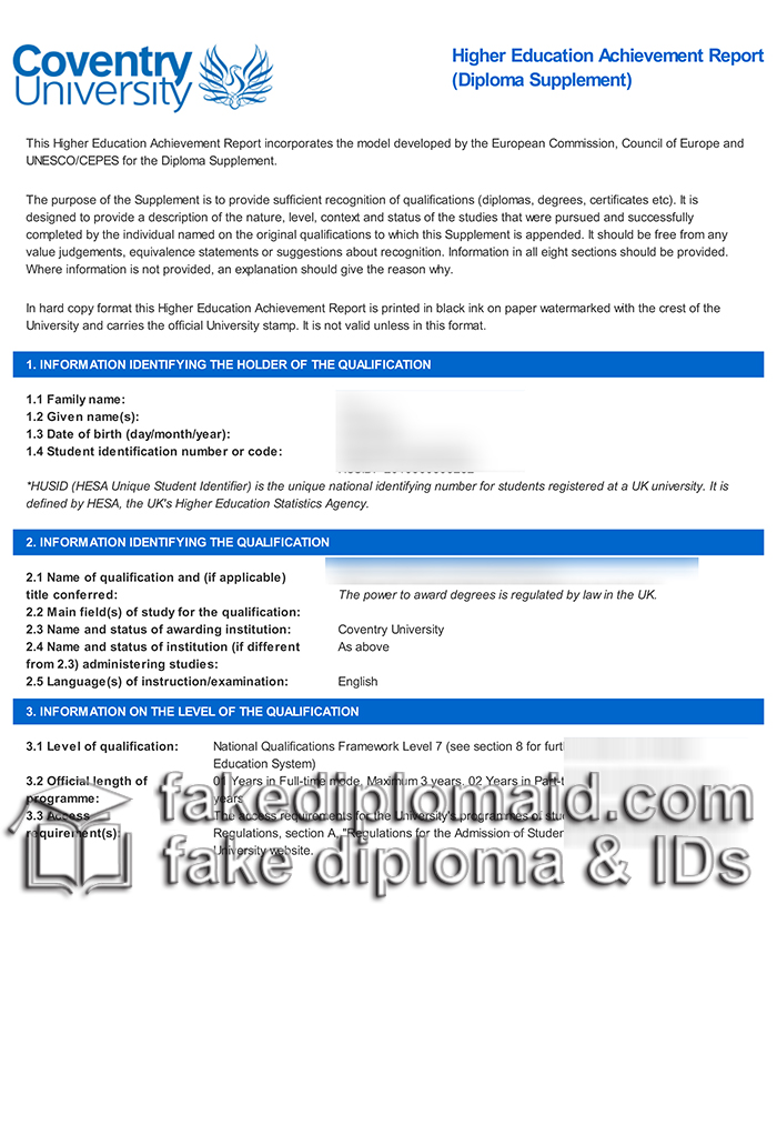Coventry diploma supplement