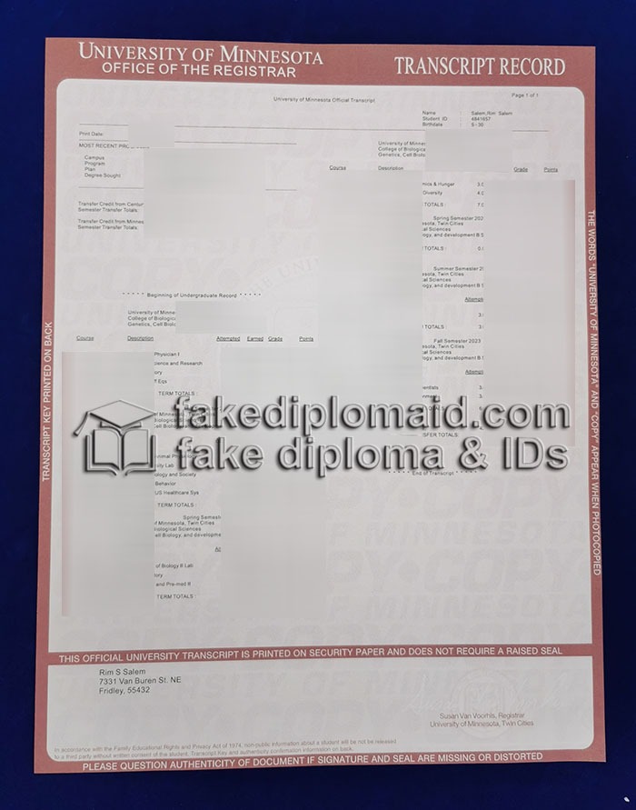 Fake University of Minnesota Transcript