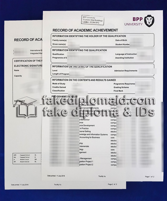 Fake BPP University Transcript